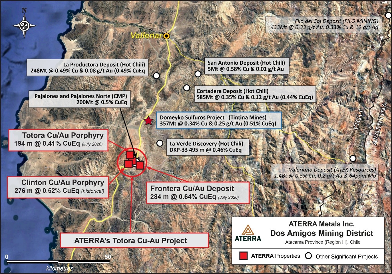 Dos Amigos Mining District – Location of ATERRA Totora Cu/Au Project Properties